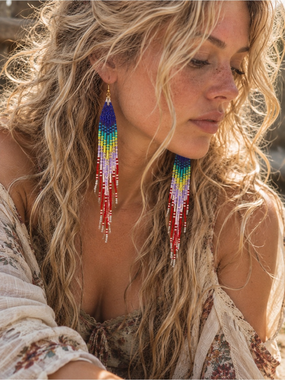 Boho Multicolor Seed Beaded Long Fringe Statement Earrings